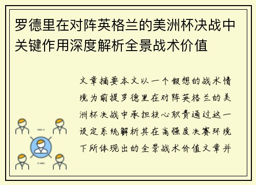 罗德里在对阵英格兰的美洲杯决战中关键作用深度解析全景战术价值